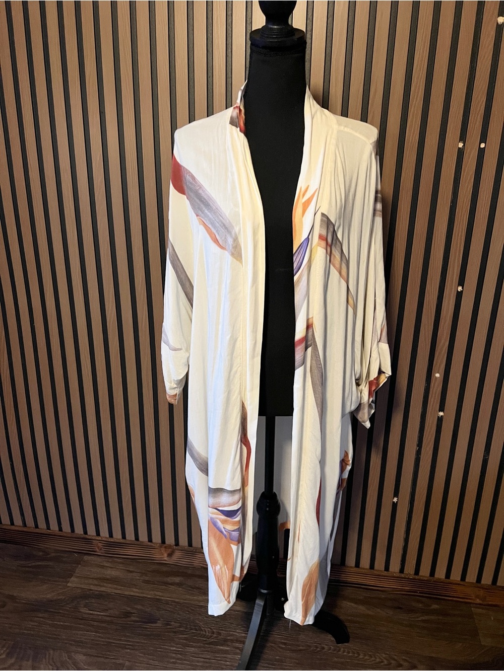 Cream Open-Front Draped Sweater Cardigan with Abstract Brushstroke Print